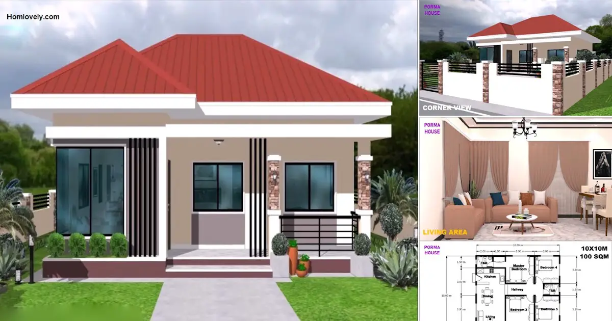 100 SQM Pretty Bungalow House Design with 4 Bedroom ~ Homlovely.com