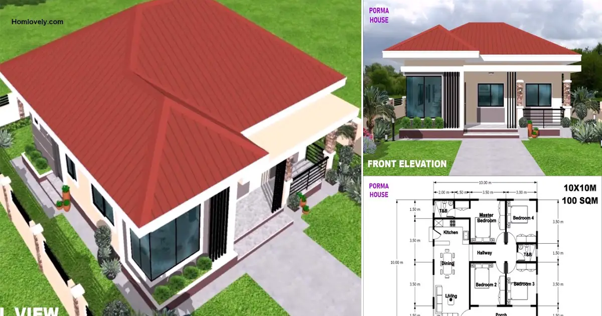 100 Sqm Bungalow House Design Idea with 4 Bedrooms ~ Homlovely.com