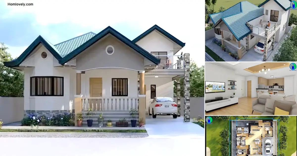 11 x 13 m One-Storey House Design with Balcony and 2 Bedrooms ~ Homlovely.com