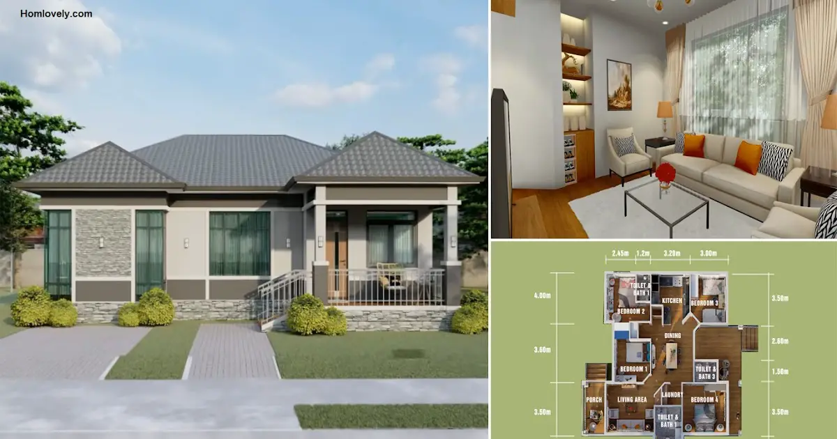 128 Sqm Bungalow House Design with 4 Cozy Bedrooms ~ Homlovely.com