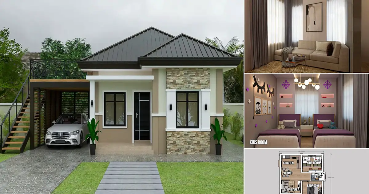 2-Bedrooms 7 x 8.5 m Small House Design for You ~ Homlovely.com