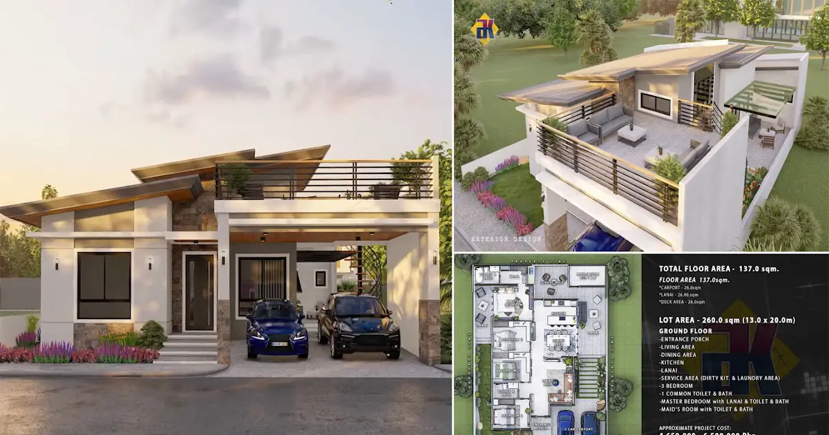 4 Bedroom Bungalow with Roof Deck House Design (Cost and Floor Plan Details) ~ Homlovely.com