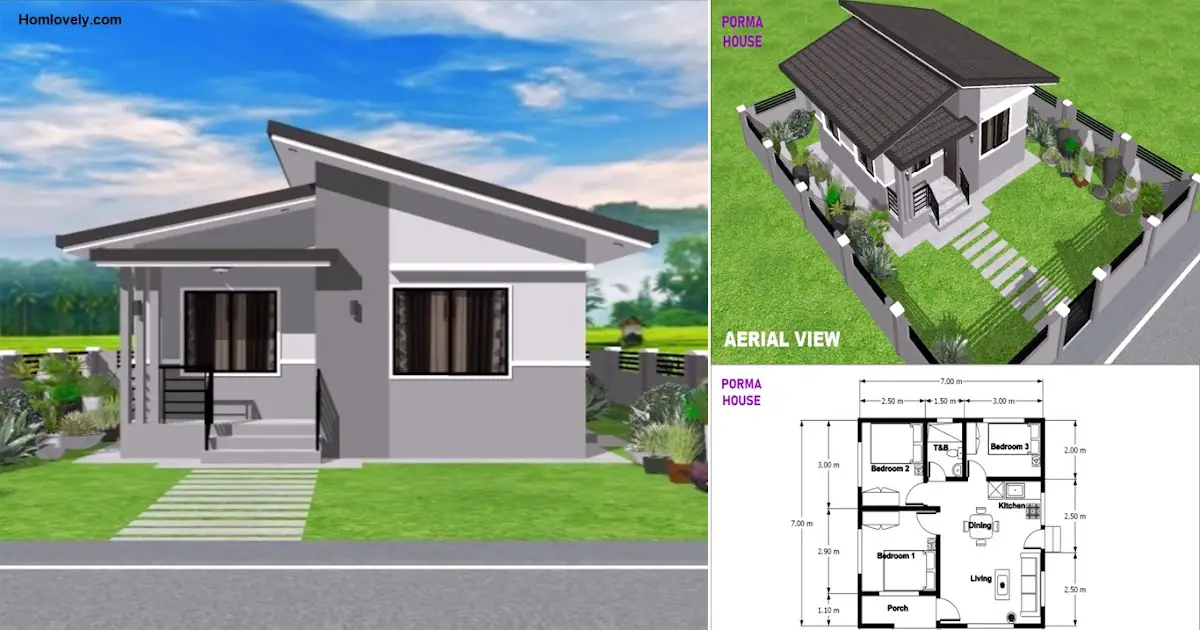 49 SQM with 3 Bedroom Simple Small House Design Idea + Floor Plan ~ Homlovely.com