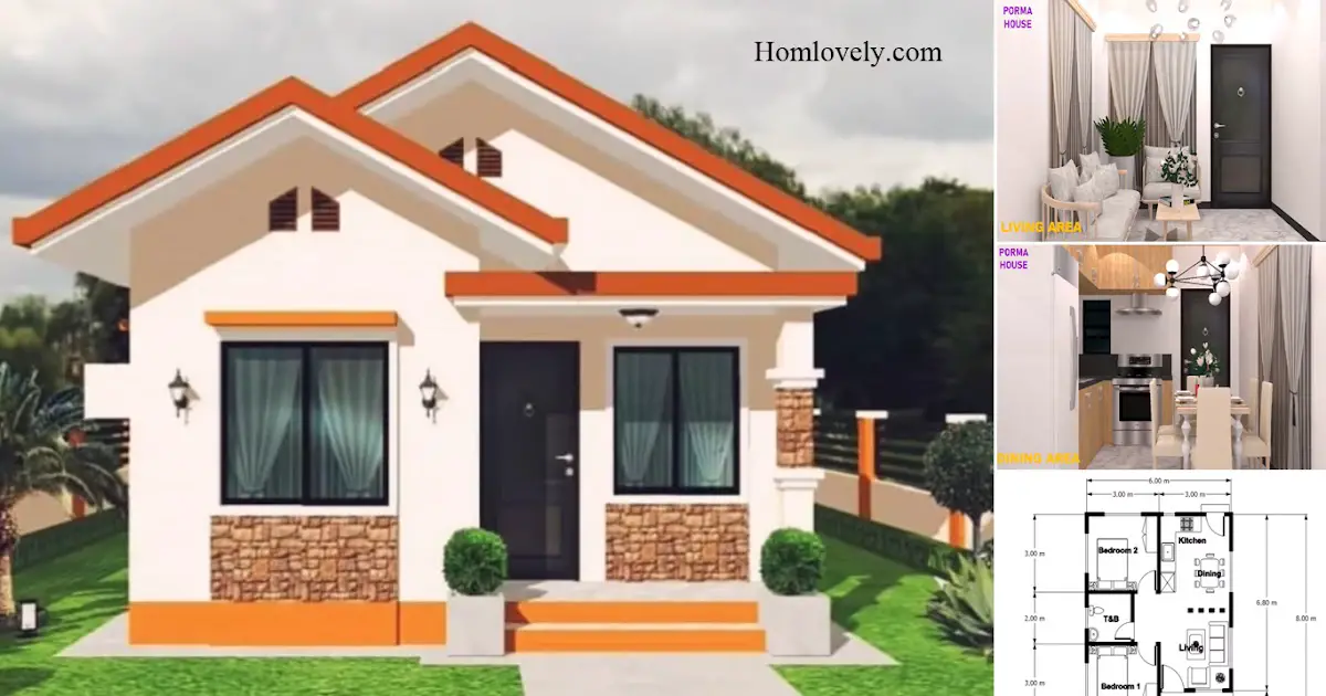 6 x 8 Meters Charming Small House Design With 2 Bedroom + Floor Plan ~ Homlovely.com