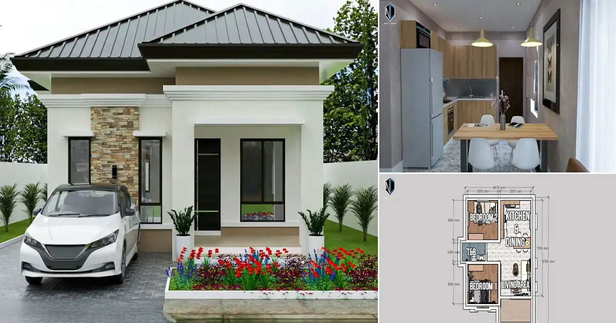 64 Sqm Bungalow House Design Idea with 2 Cozy Bedroom ~ Homlovely.com