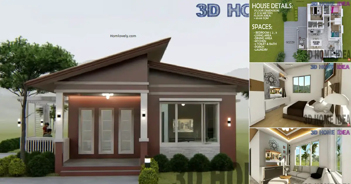 7 x 10 m Small House Design with 3 BEDROOMS ( Floor Plan ) ~ Homlovely.com