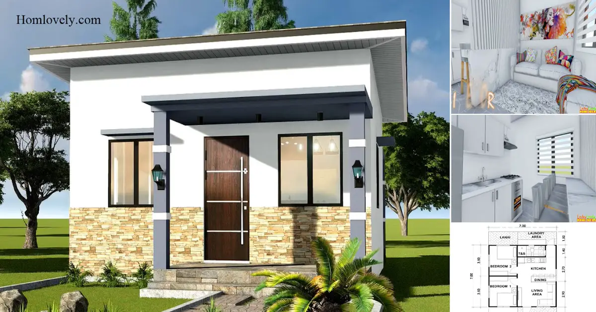 7 x 7 M Modern Tiny House Design With 2 Bedroom + Floor Plan ~ Homlovely.com
