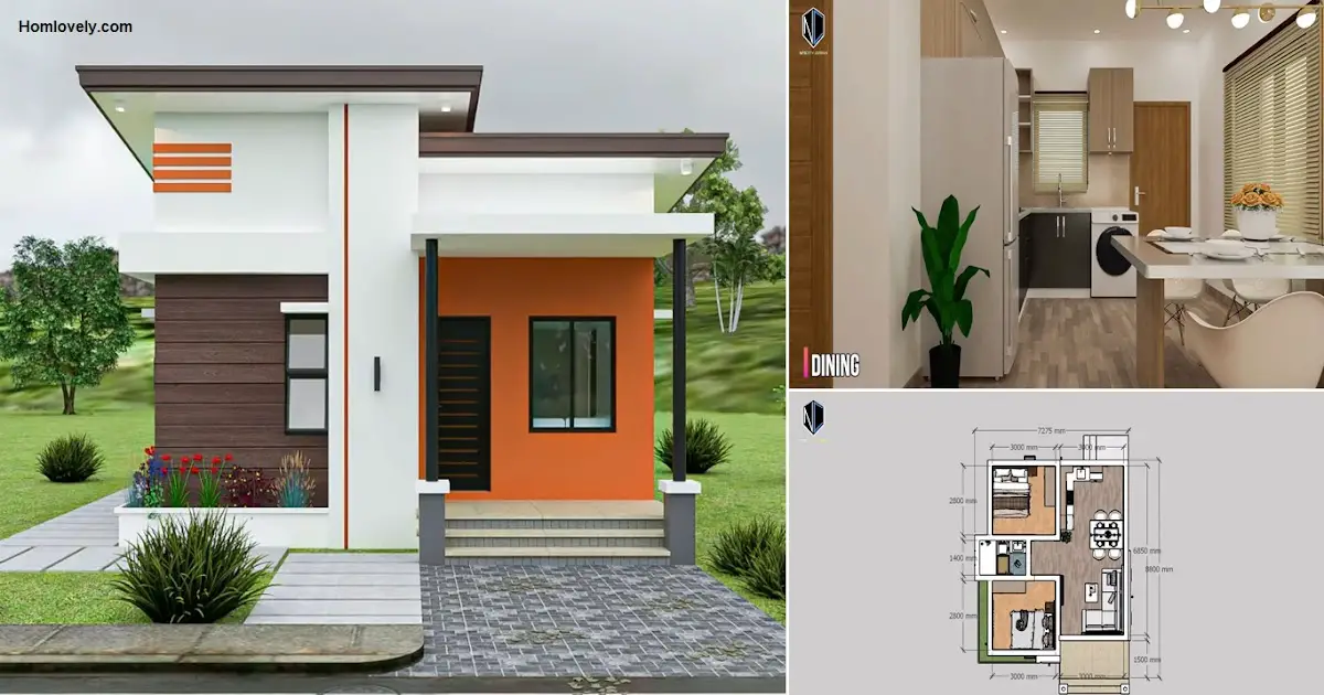 7.2 x 8.8m ( 63.36 sq.m) Simple House Design Idea with 2 Bedrooms ~ Homlovely.com