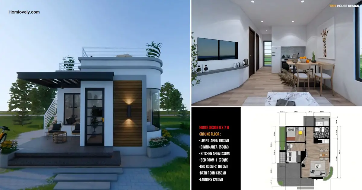 Small House Design 6 X 7 m (42Sqm) with 2 Bedroom and Unique Roof ~ Homlovely.com