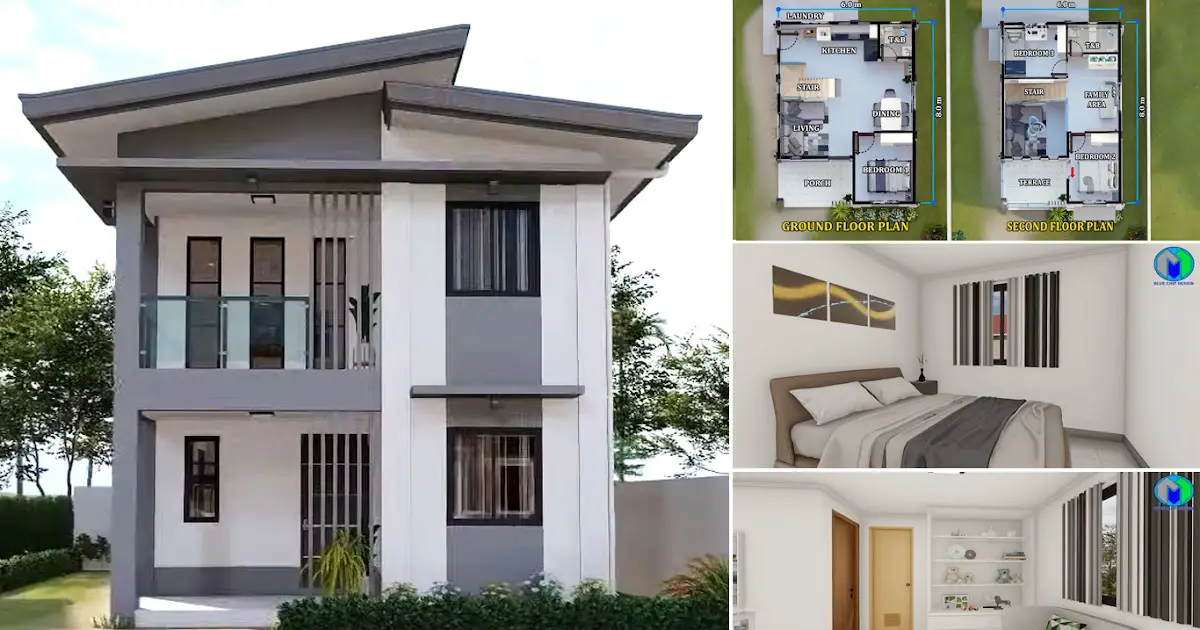 Small Two Storey House Design (6 x 8 m) with Floor Plan ~ Homlovely.com