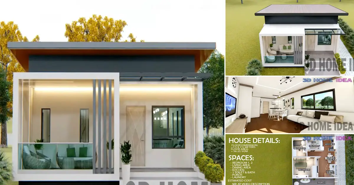Modern Small House Design (7.5 x 7.5 m) with 2 Bedrooms ~ Homlovely.com