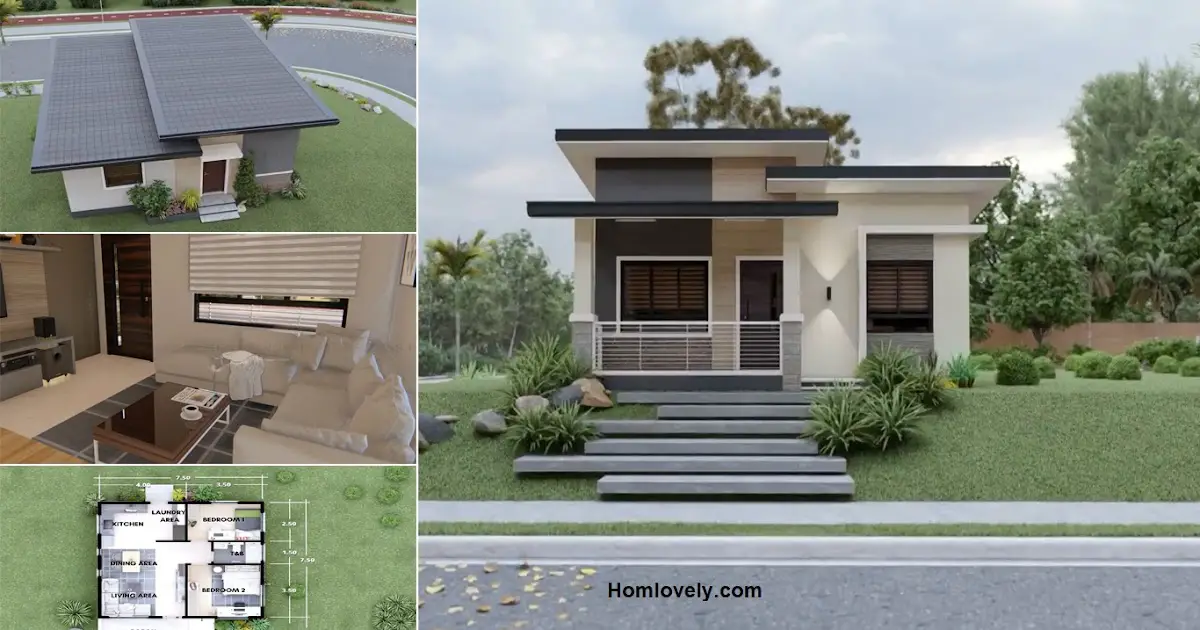 Simple Bungalow House Design (7.5 x 7.5 m) with 2-Bedroom ~ Homlovely.com